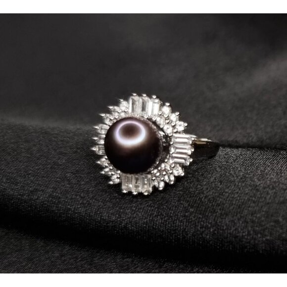 925 Sterling Silver Ring W/ Black Pearl & CZ Stones Size 7.5 Elegant Cocktail Je - Picture 4 of 5
